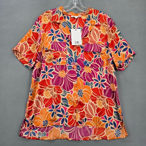 DR2 Orange Floral Shirt NEW Button Up Short Sleeves Hawaiian Women's Size L Top - Picture 1 of 7